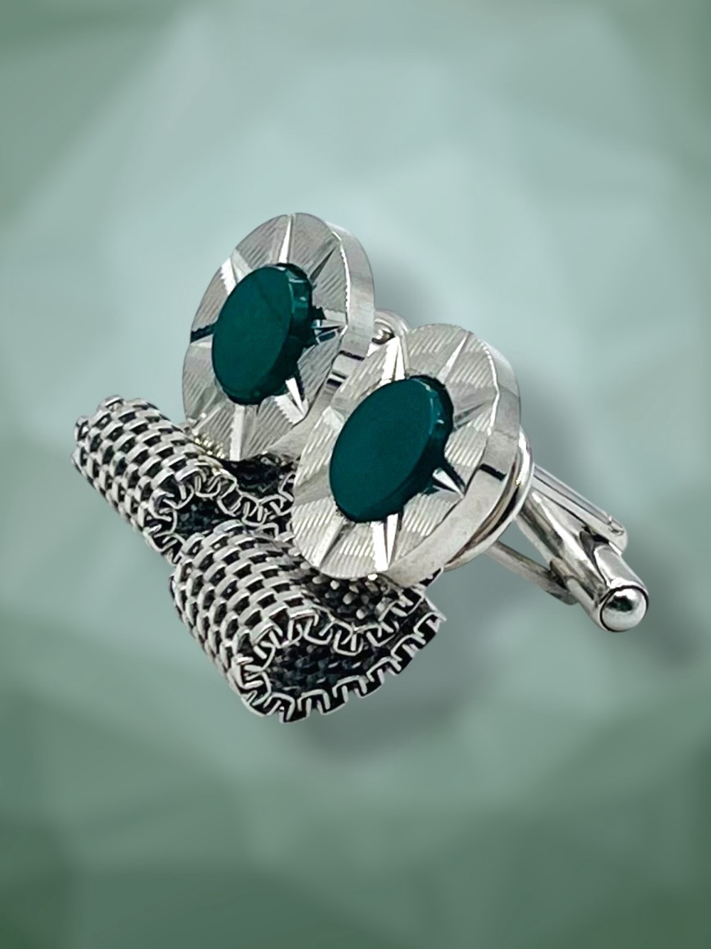 Vintage Mid Century Silver Tone Green Cabochon Mesh Wrap Cufflinks